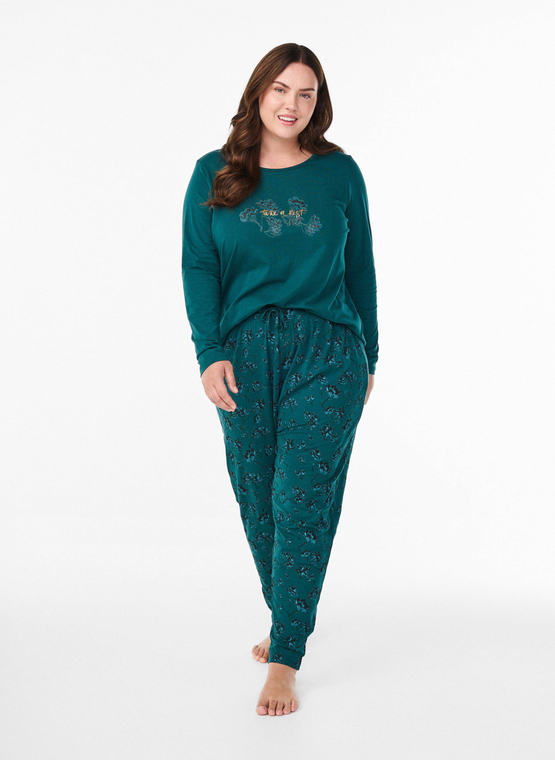 Zizzi Pantalon de pyjama en coton avec imprim&eacute;, Turquoise, Model image number 0
