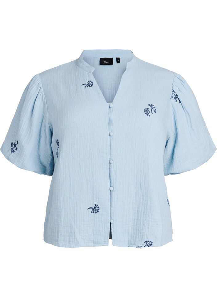 Bluse aus Baumwoll-Musselin mit Ballon&auml;rmeln und Stickereidetails, Blau, Packshot image number 0