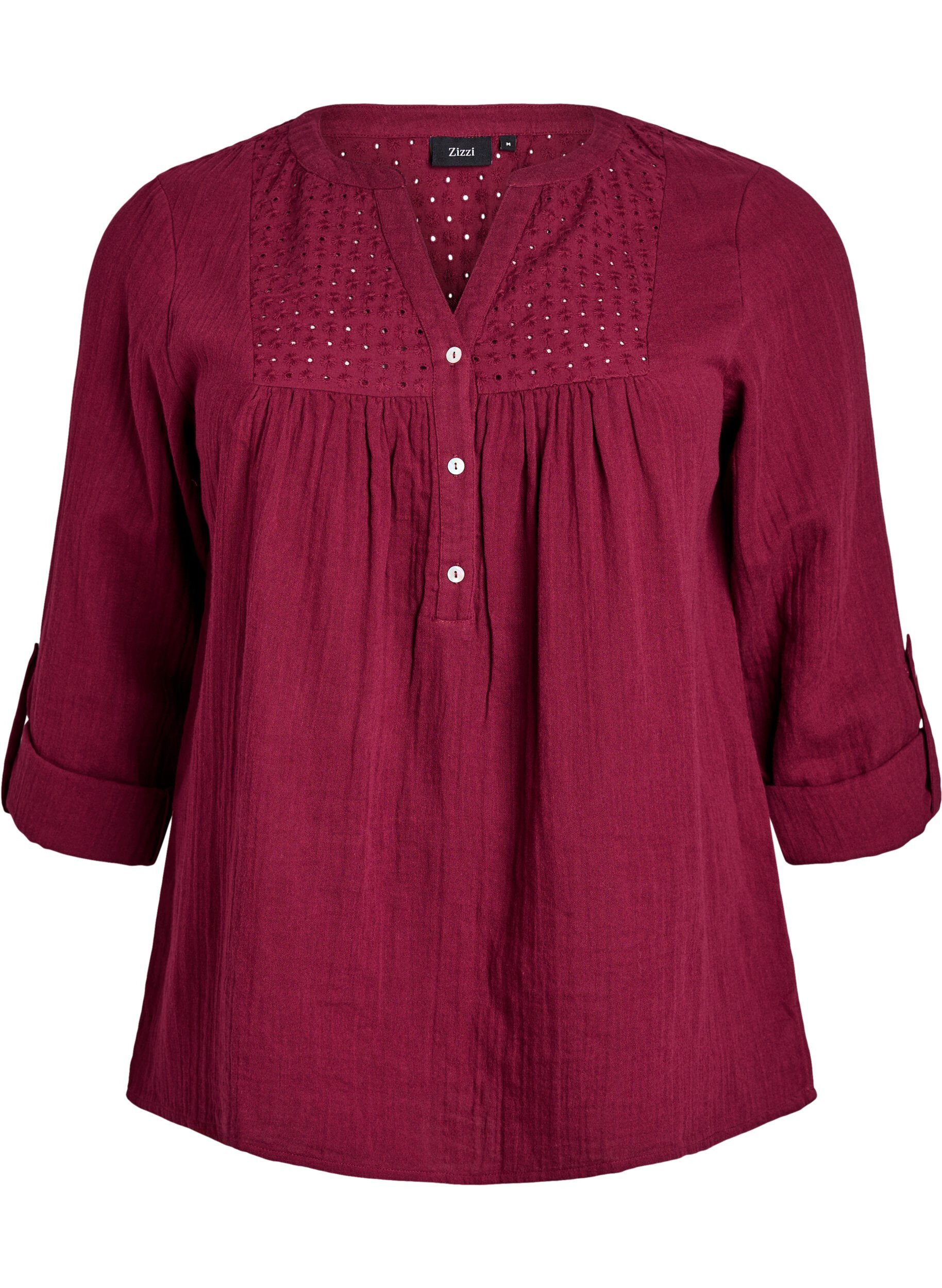 Zizzi Blouse en mousseline de coton avec broderie anglaise, Bordeaux fonc&eacute;, Packshot image number 0