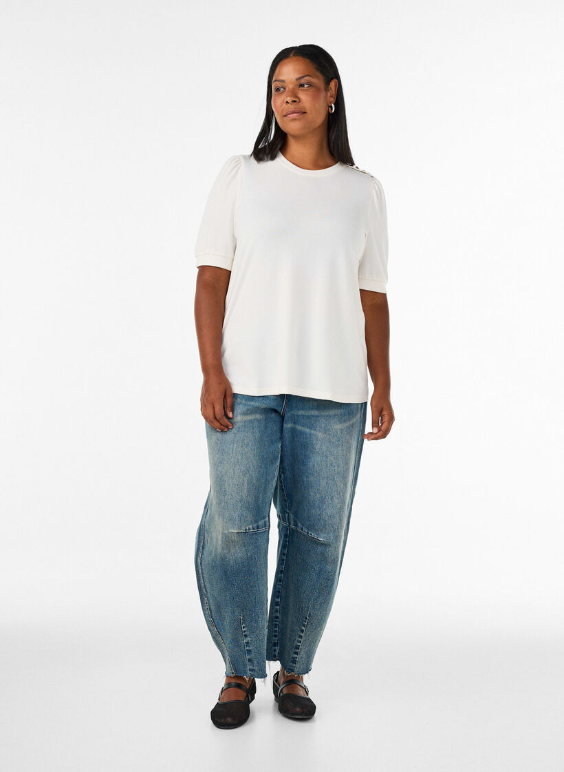 Bluse mit Knopfdetail und kurzen Puff&auml;rmeln, Beige, Model image number 1