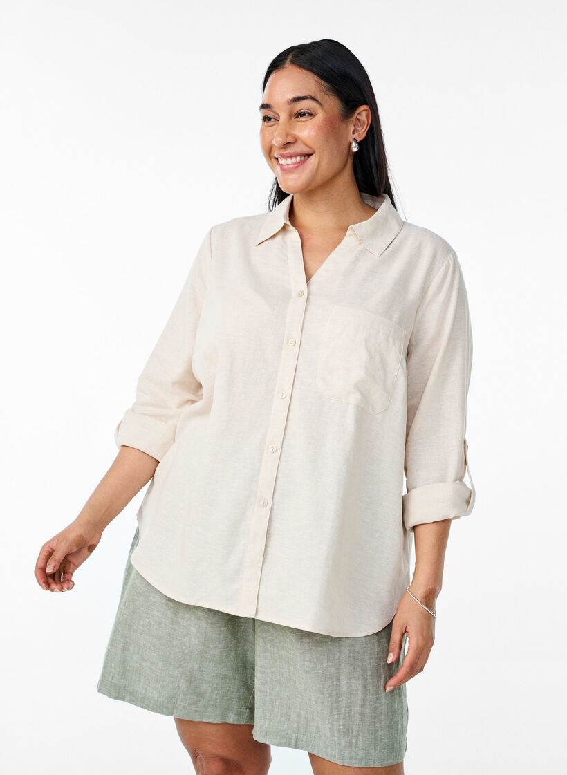 Chemise en lin et viscose avec manches 3/4, Beige, Model image number 0