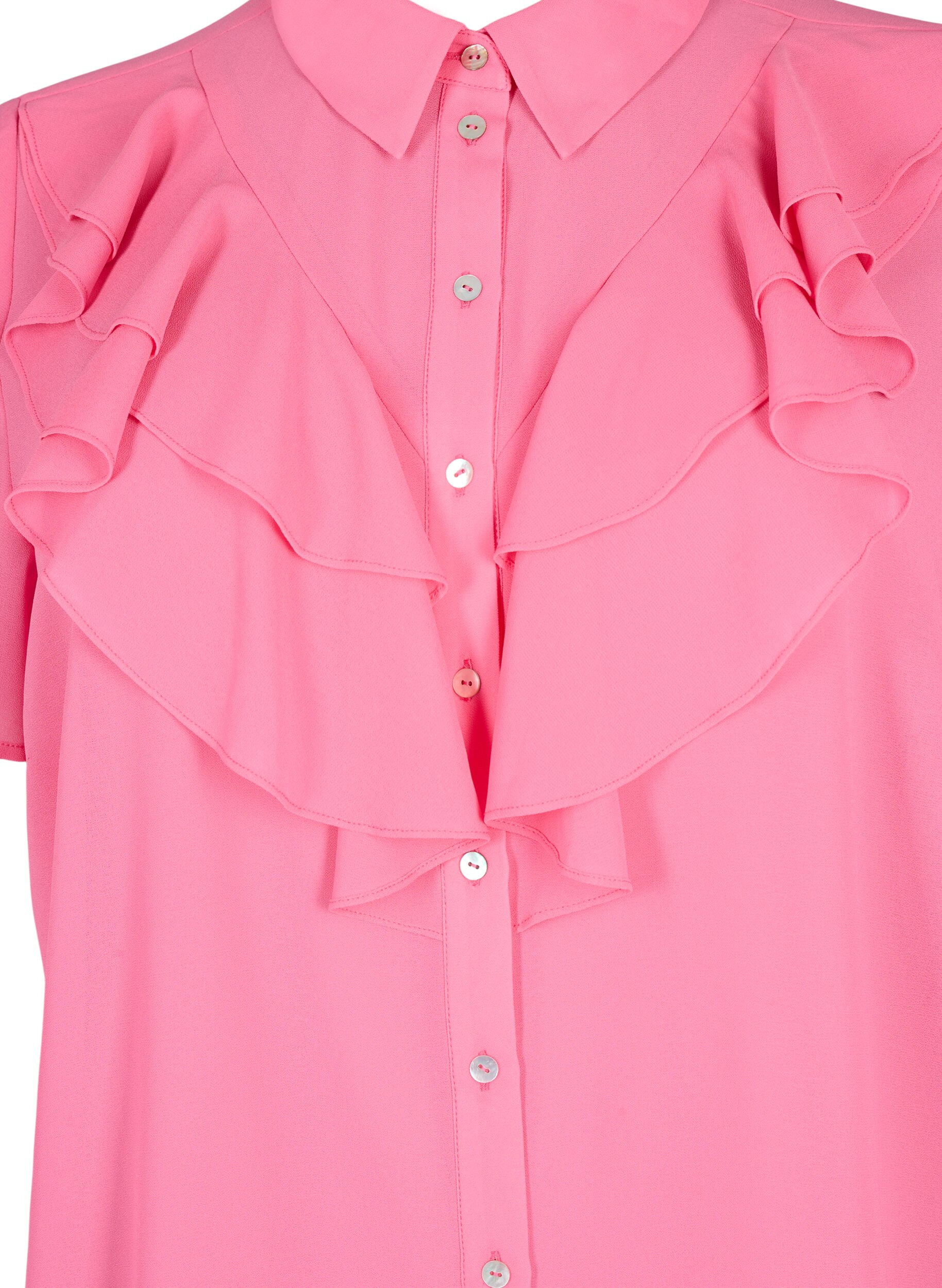 Zizzi Kurz&auml;rmelige Hemdbluse mit R&uuml;schen, Pink Power, Packshot image number 2