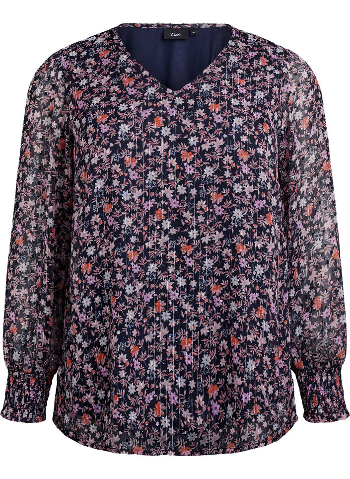 Bluse mit gebl&uuml;mtem Print und Glitzerfaden, Blau, Packshot image number 0