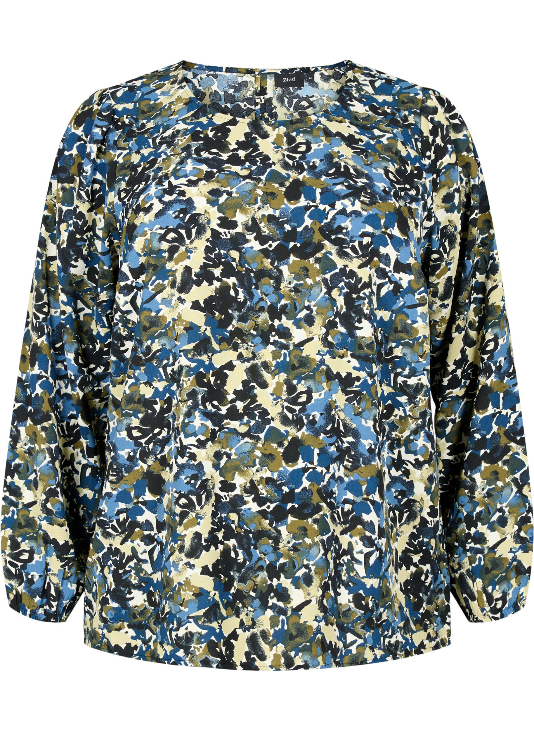 Zizzi Bluse mit Puff&auml;rmeln, Blue Green AOP, Packshot image number 0