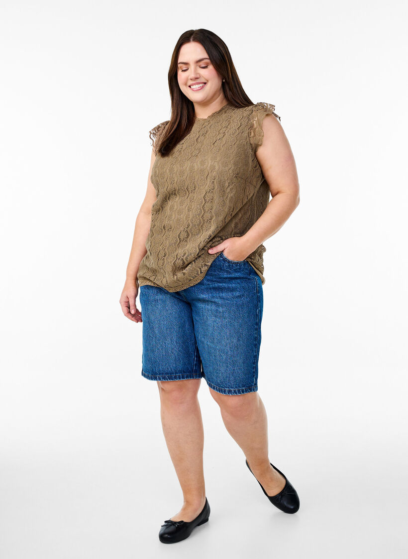 Top en dentelle avec détails volantés, Marron, Model image number 1