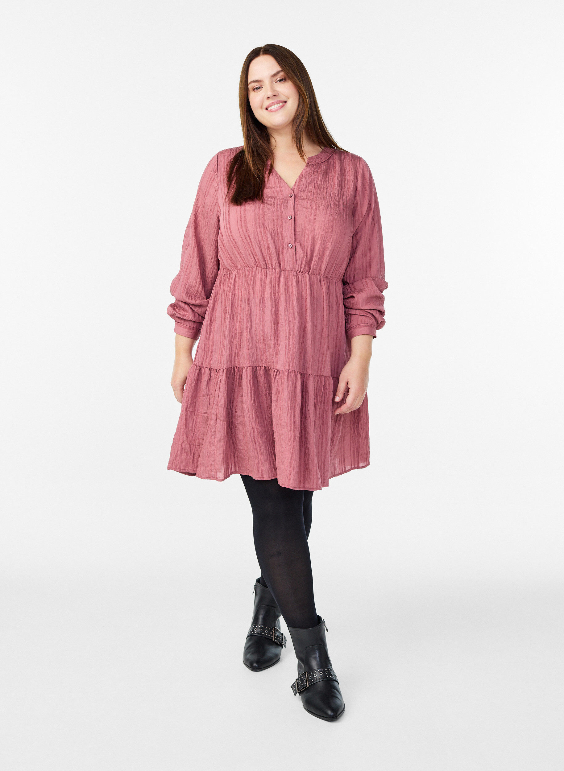 Zizzi Kurzes Kleid mit gewebtem Ripp und Gummizug in der Taille, Rot, Model image number 1