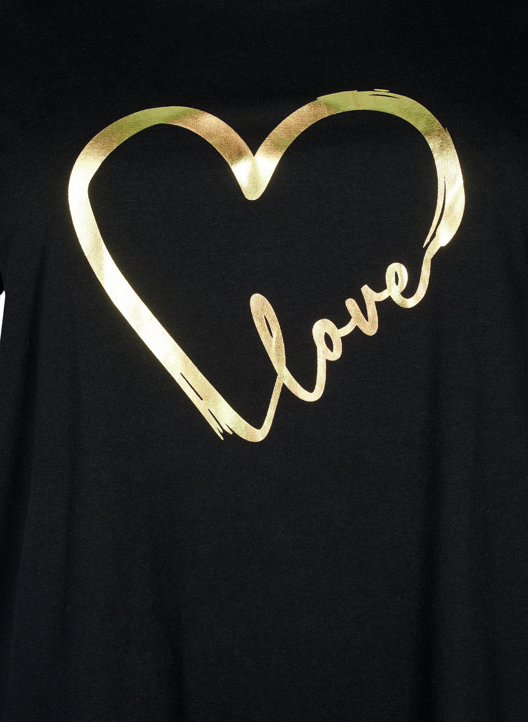 Zizzi T-shirt en coton avec motif, Black w. Gold Love, Packshot image number 2