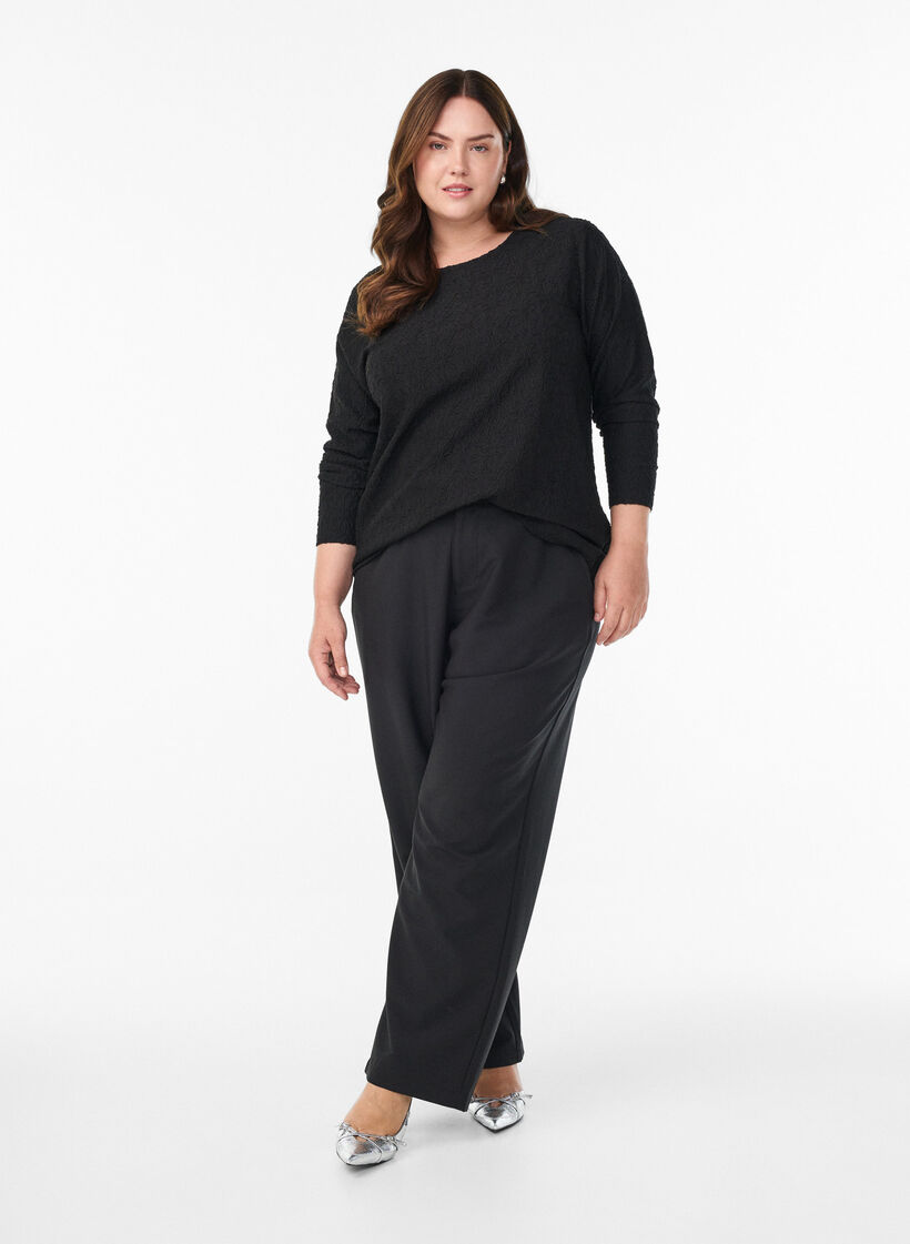 Langärmelige Bluse mit geblümter Struktur, Schwarz, Model image number 1