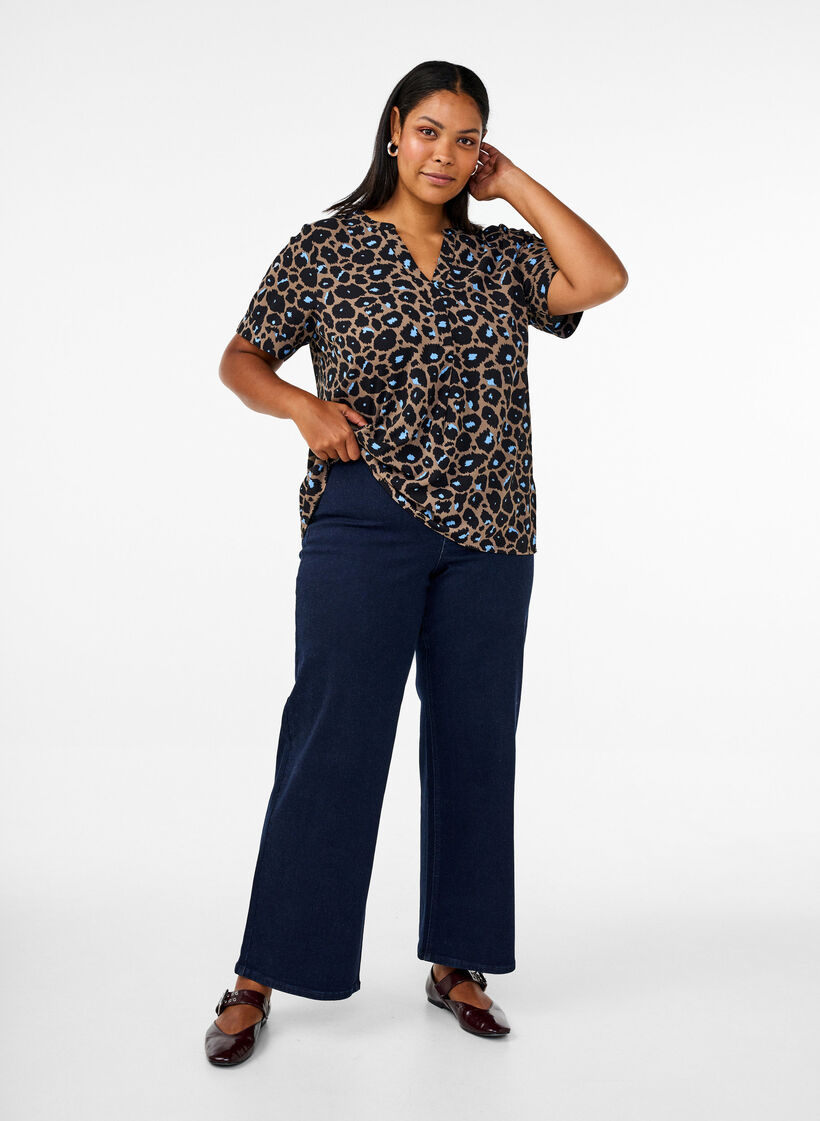 Bluse mit kurzen Ärmeln und V-Ausschnitt, Braun, Model image number 1