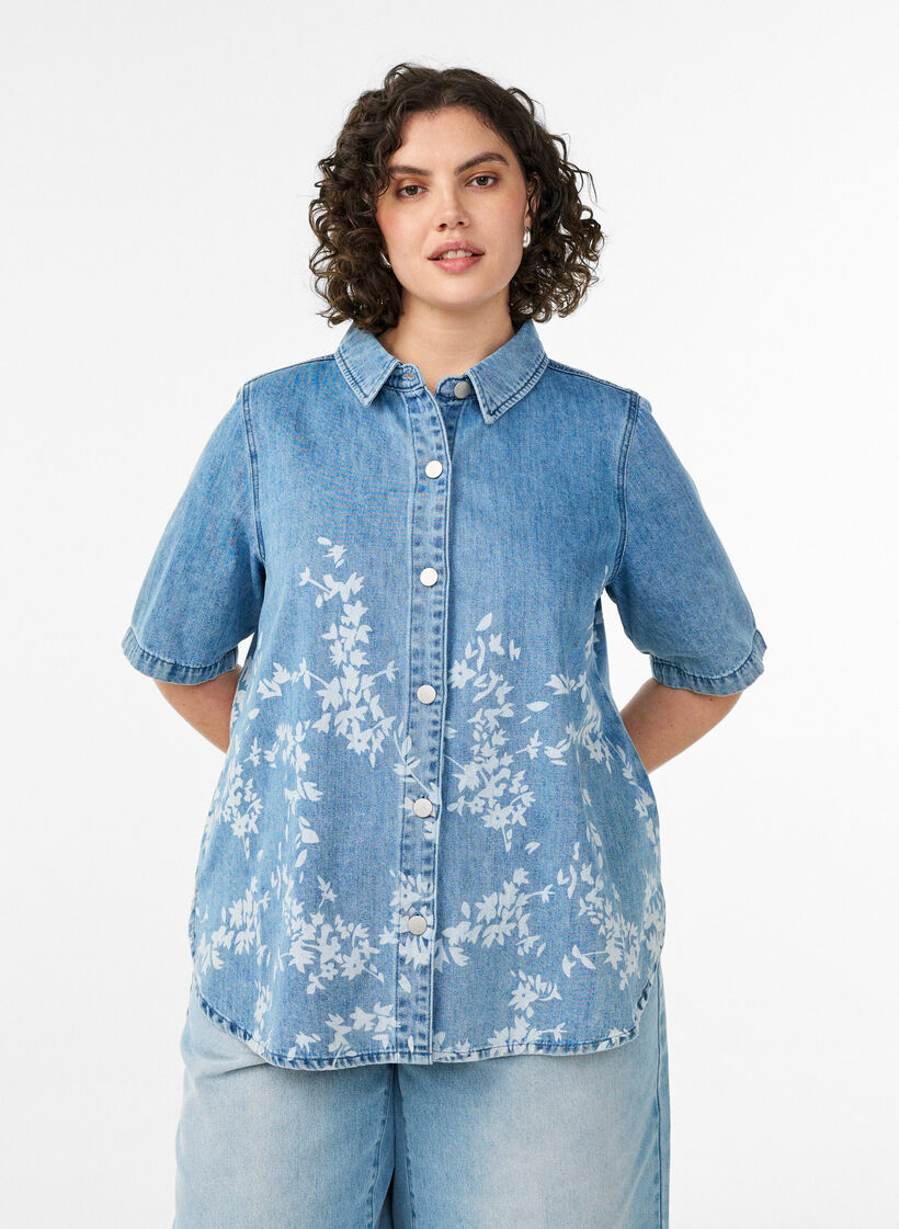 Jeanshemd mit Blumenprint und kurzen &Auml;rmeln, Blau, Model image number 0