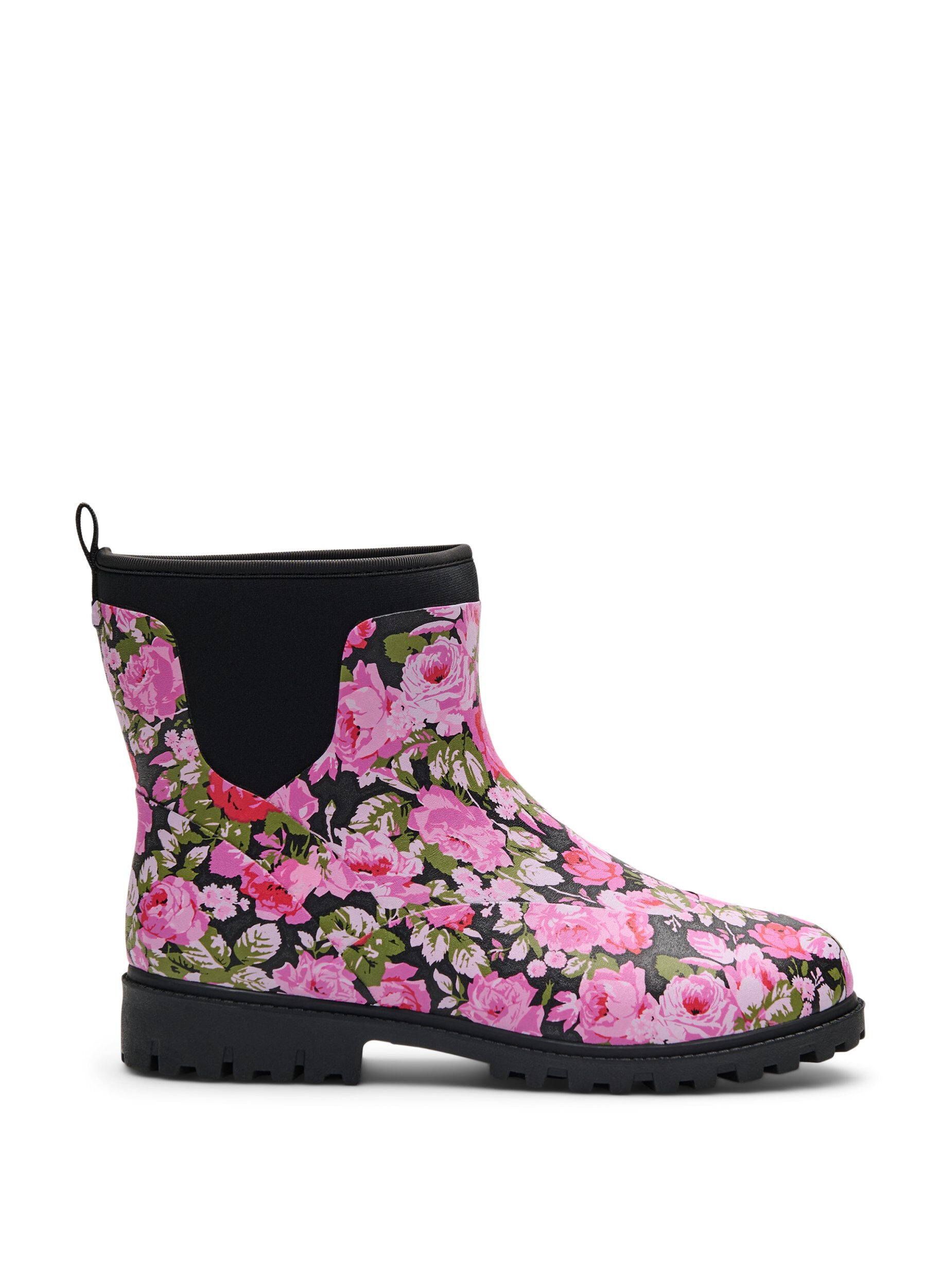 Zizzi Kurze Stiefel mit weitem Schaft aus elastischem Neopren, Flower AOP, Packshot image number 0