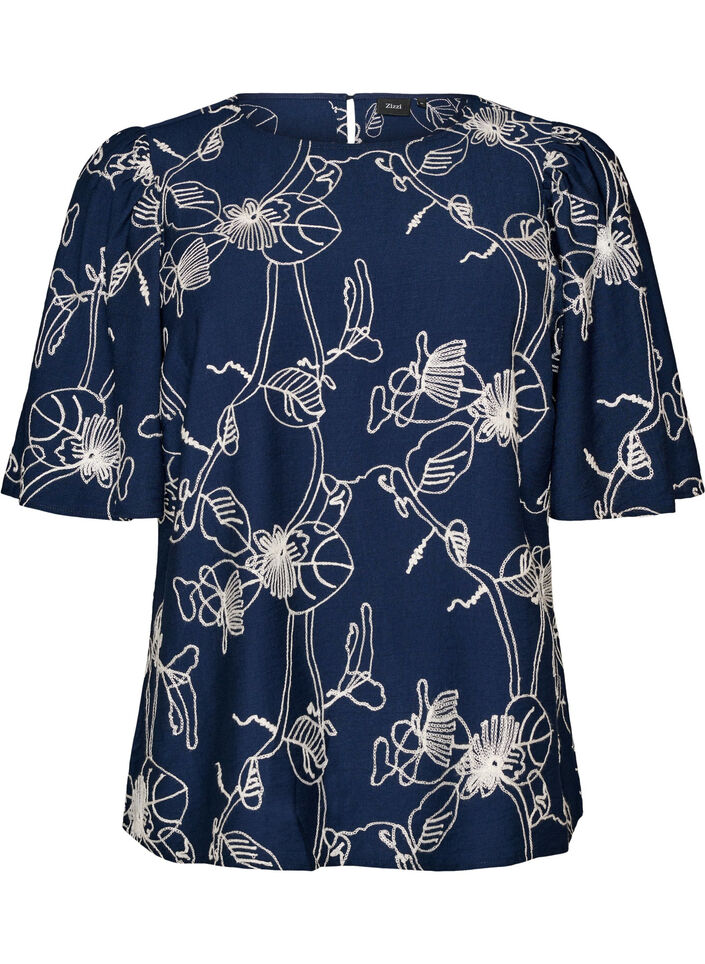 Kurz&auml;rmelige Bluse mit Stickmuster, Blau, Packshot image number 0