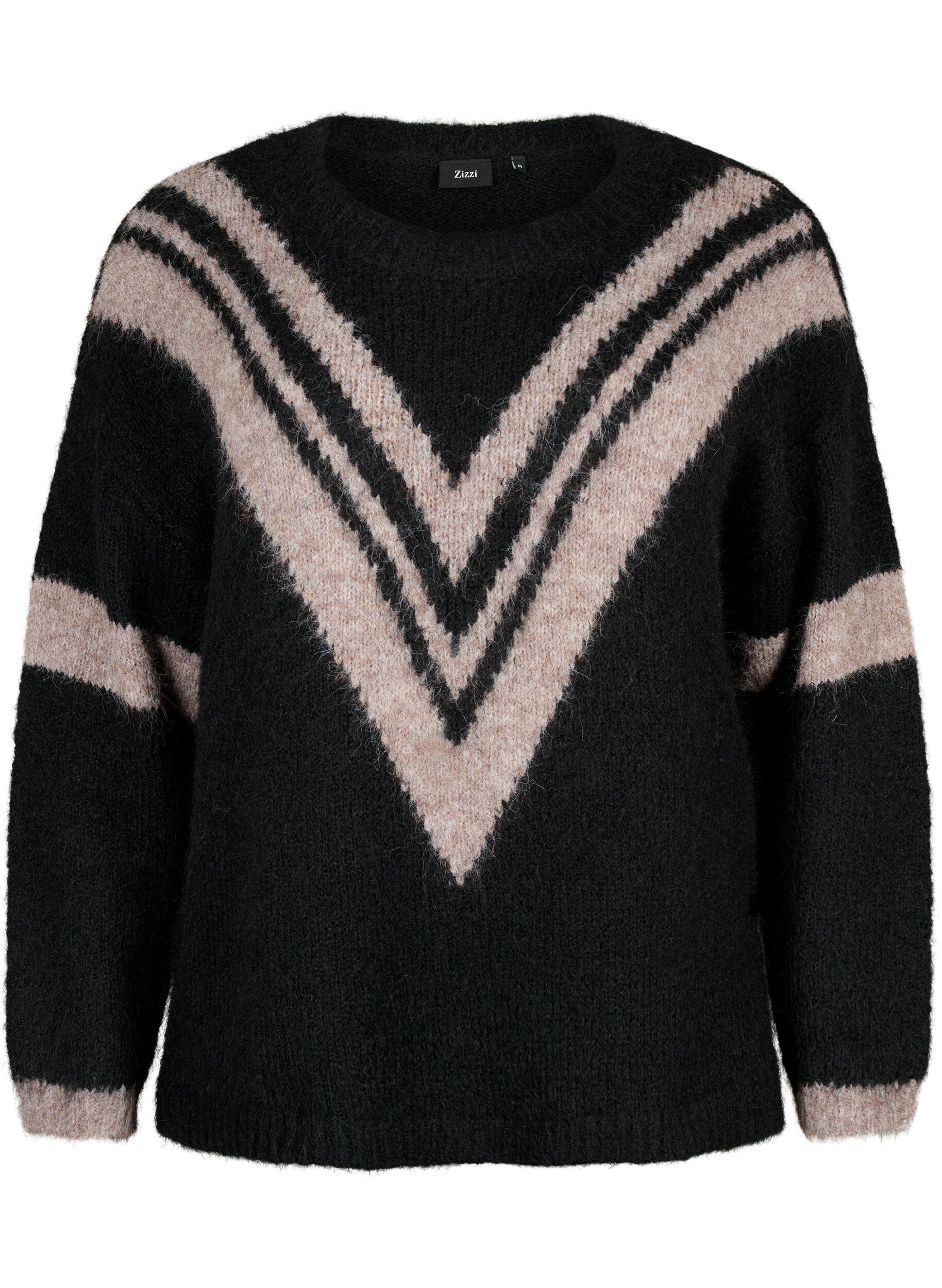 Zizzi Pull en tricot avec des d&eacute;tails ray&eacute;s, Black Comb, Packshot image number 0