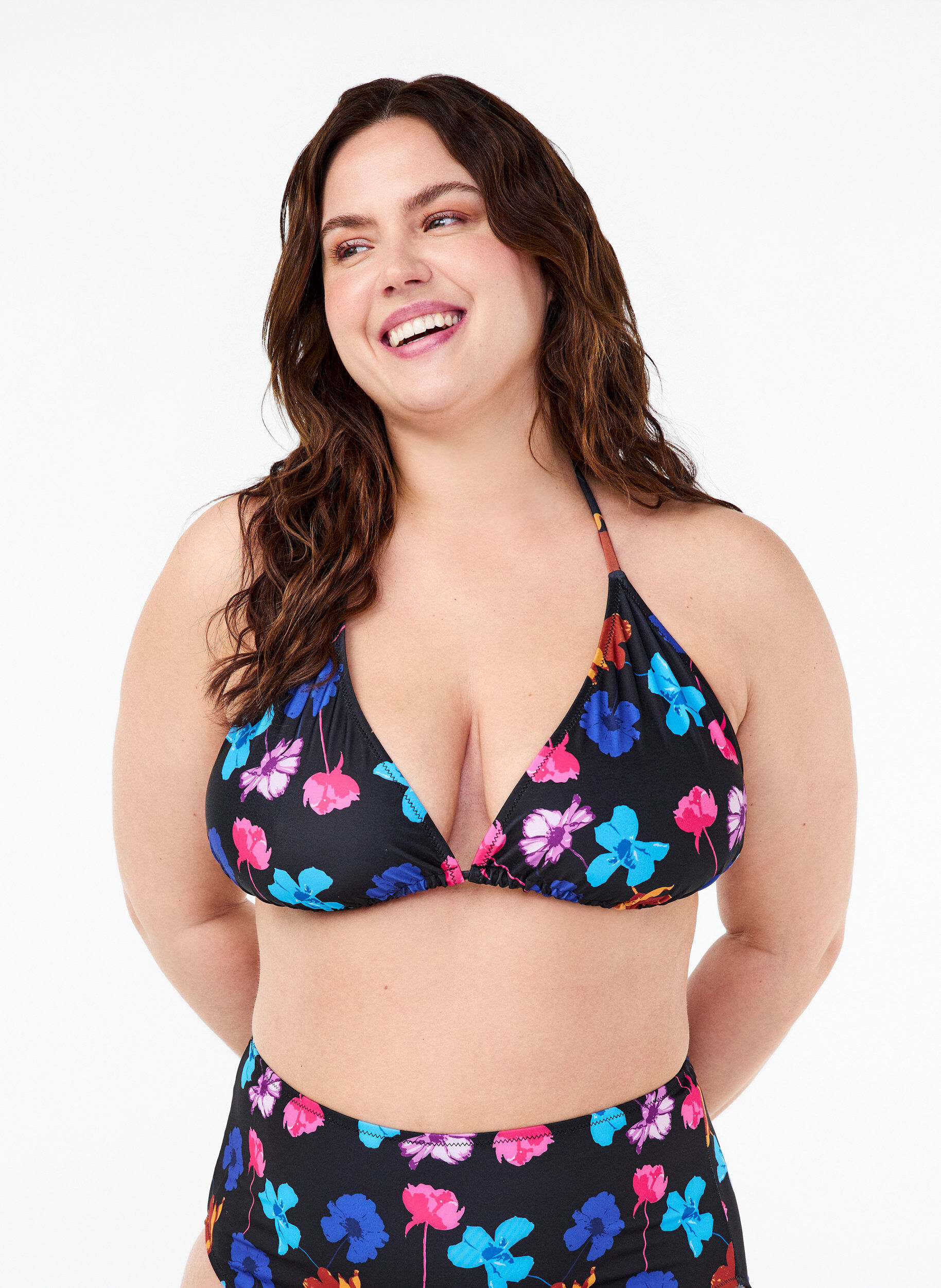 Zizzi Soutien-gorge de bikini triangle avec imprim&eacute;, Noir, Model image number 0