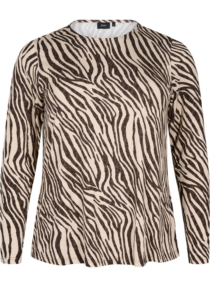 Lang&auml;rmlige Bluse mit Zebraprint, Braun, Packshot image number 0