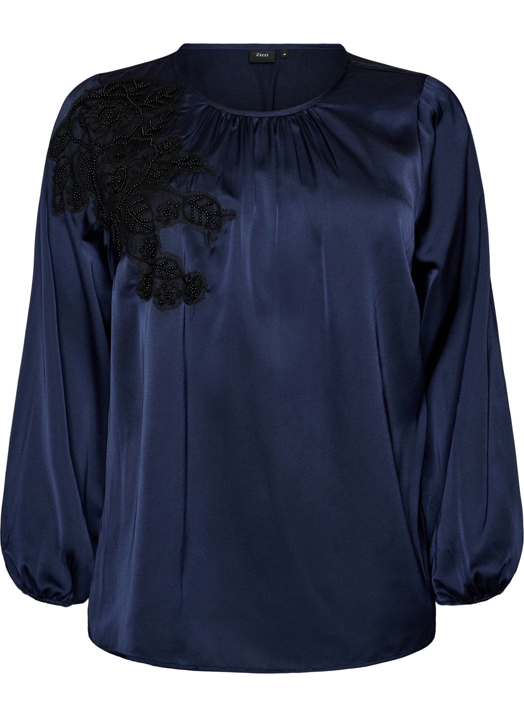 ZizziSatinbluse mit Spitzenapplikationen und Perlen, Blau, Packshot image number 0