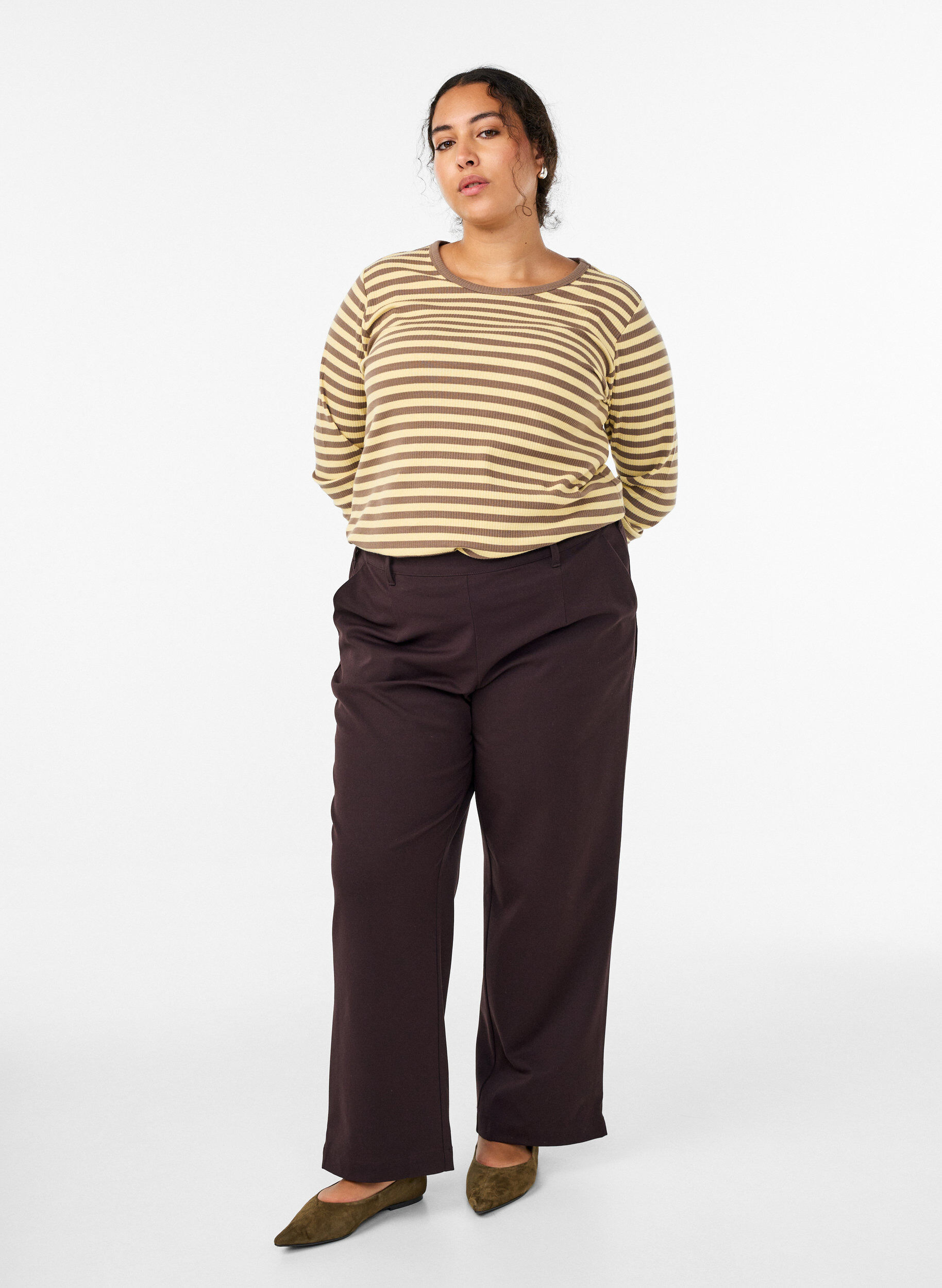 ZizziGestreifte Bluse mit langen &Auml;rmeln, Braun, Model image number 1
