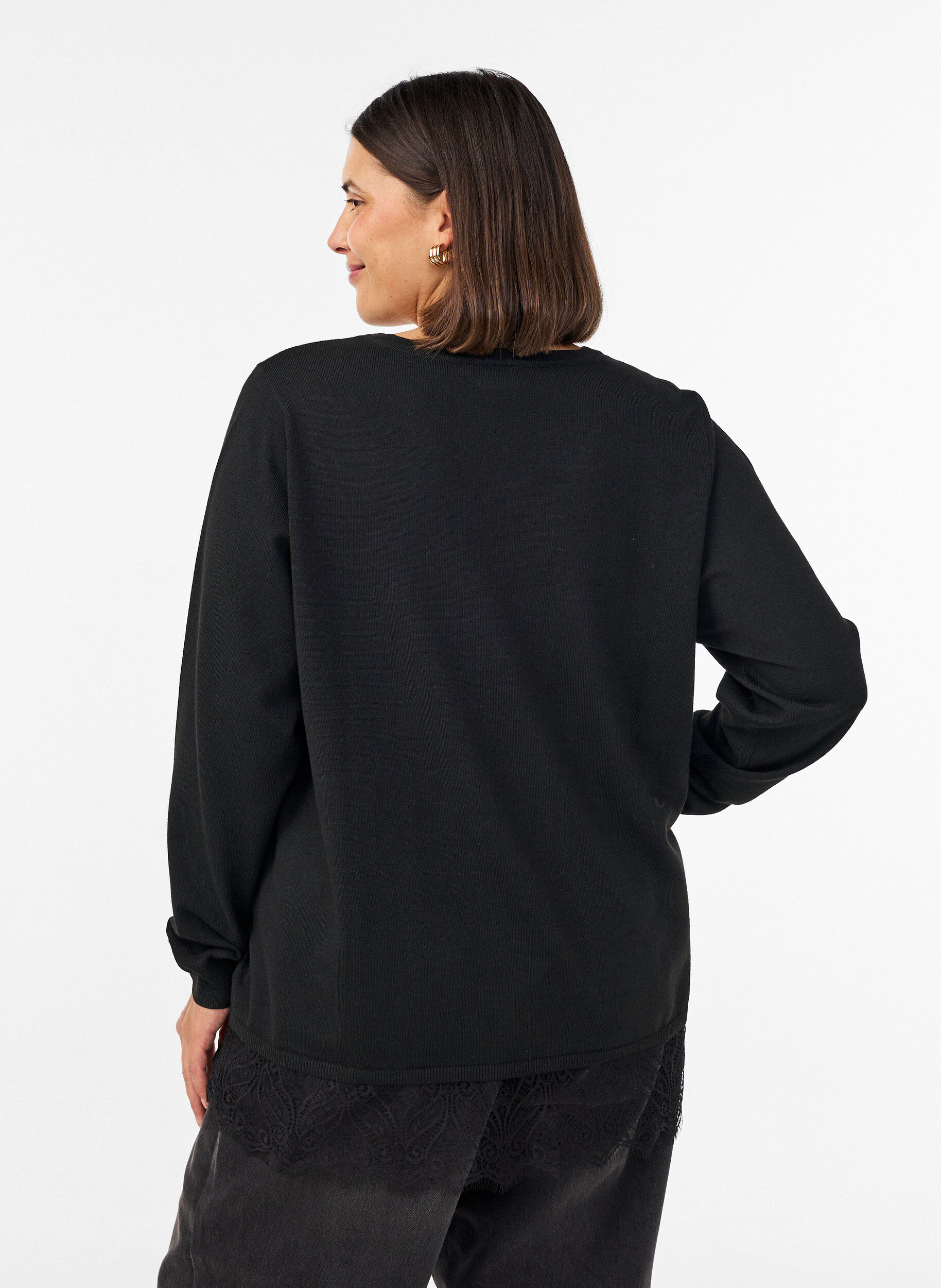 ZizziBlouse en maille avec col en V et finitions en dentelle, Noir, Model image number 2