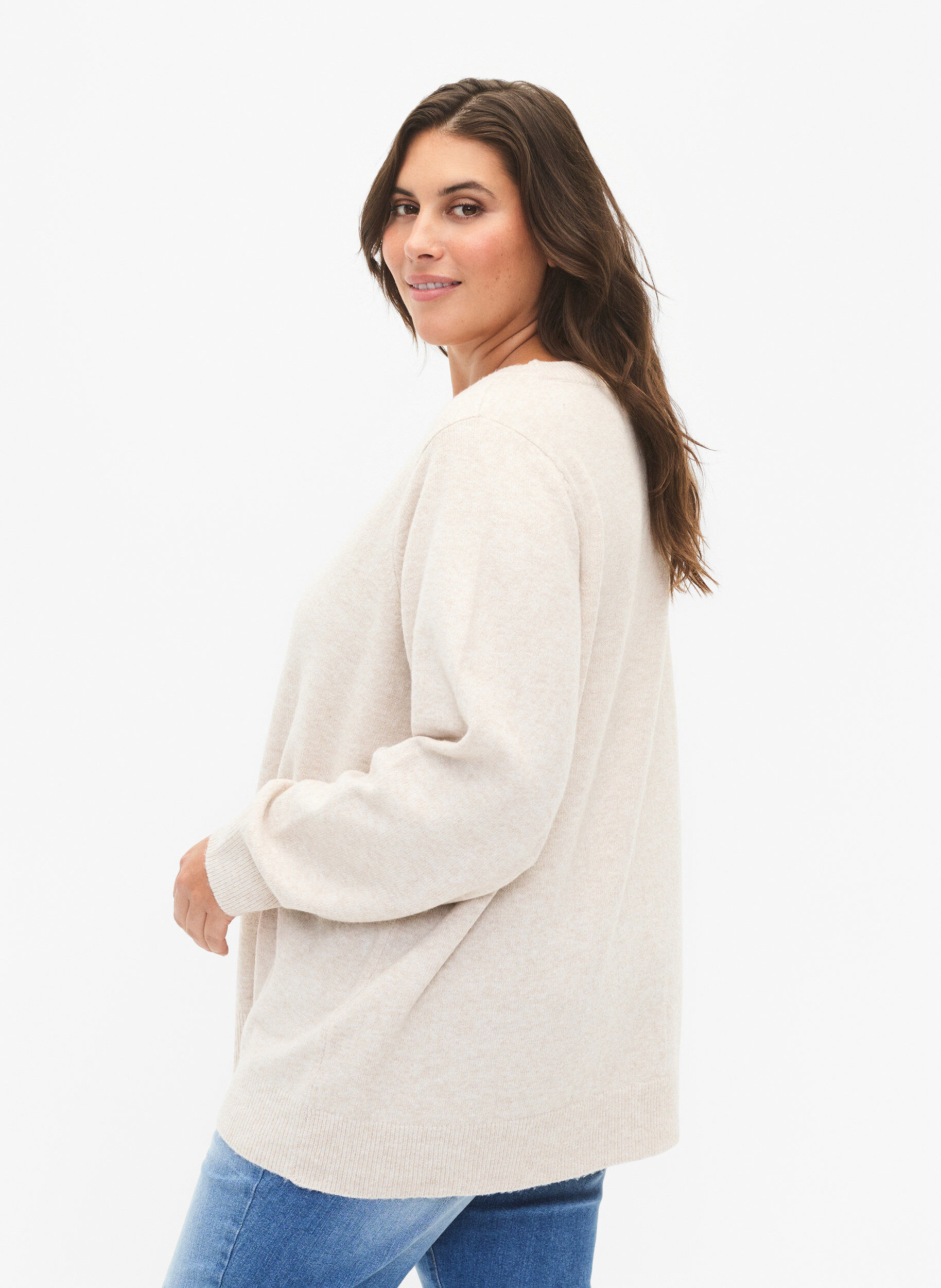 Zizzi Langarmpullover mit Rundhalsausschnitt	, Pumice Stone Mel., Model image number 1