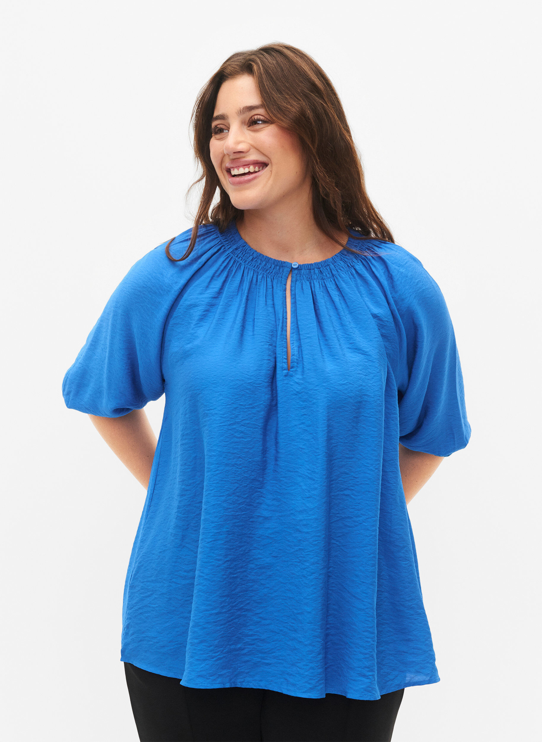 Zizzi Blouse en viscose en forme de A avec des manches 3/4., Strong Blue, Model image number 0