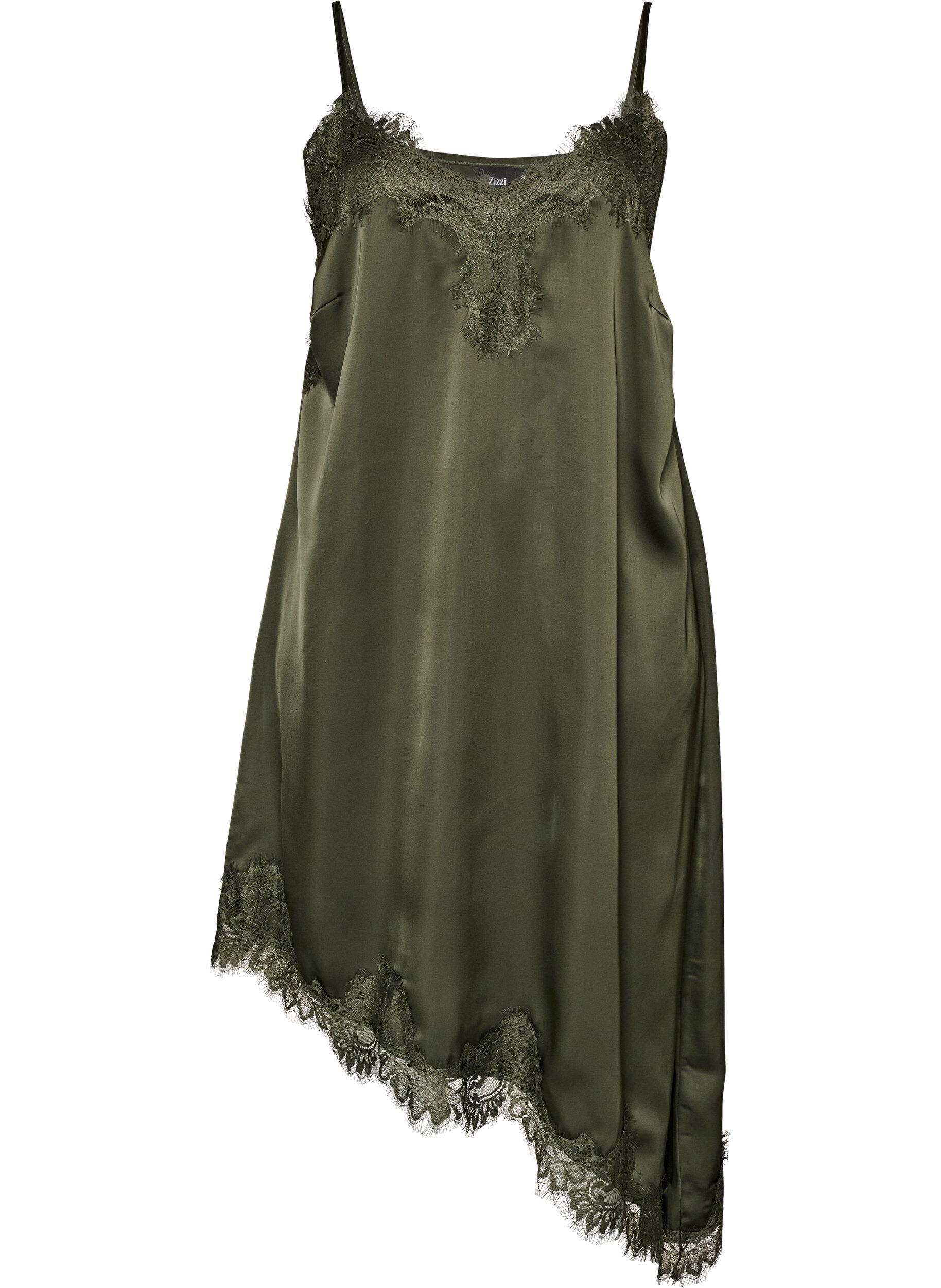 Kleid aus Satin mit Spitze und asymmetrischem Saum