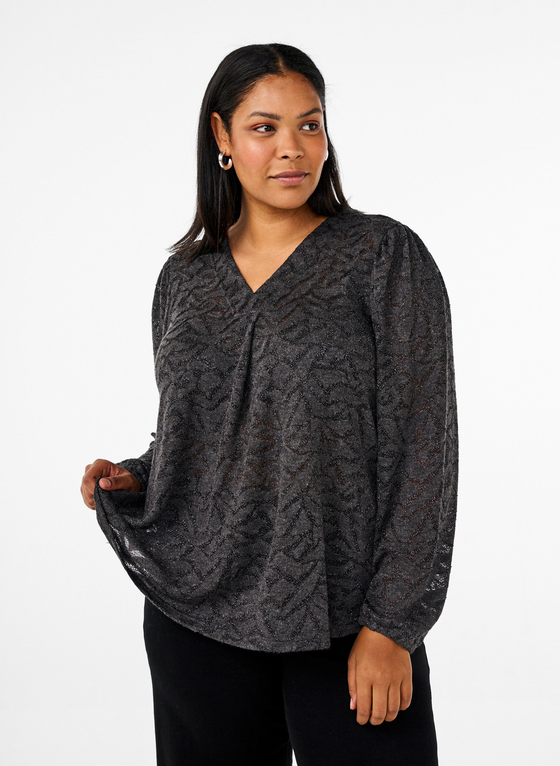 Zizzi Lang&auml;rmlige Bluse mit Glitzer und Muster, Grau, Model image number 0
