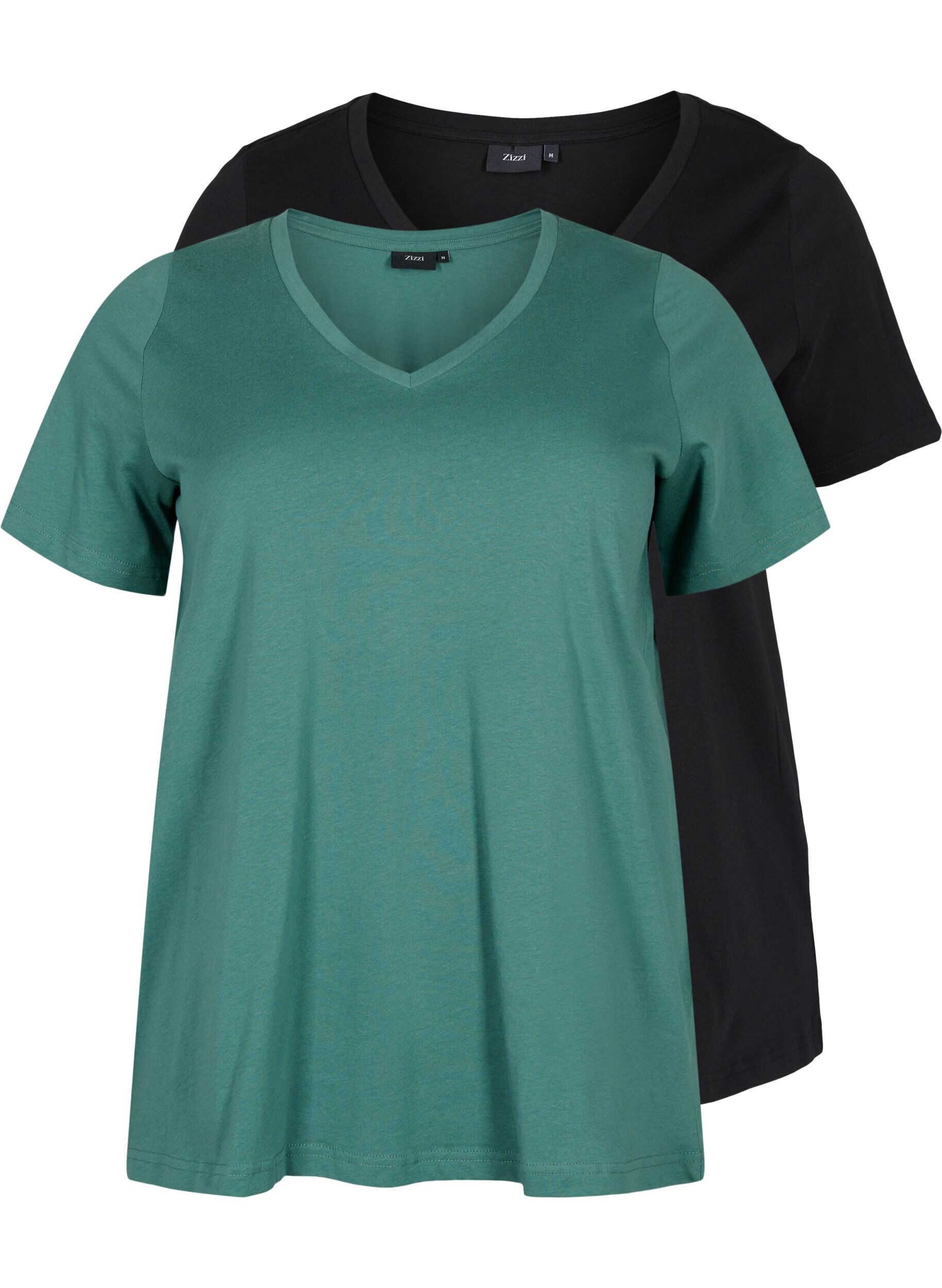 Zizzi T-shirt basiques 2-pack en coton, Mallard Green/Black, Packshot image number 0