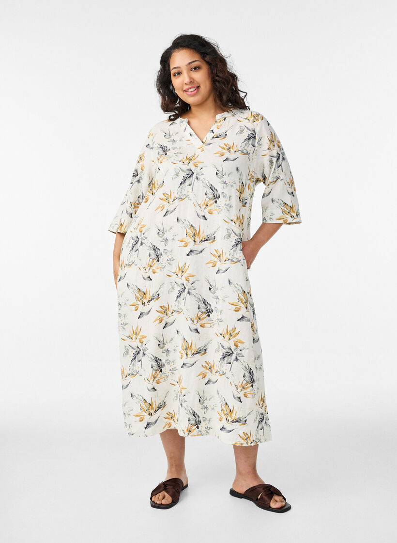 Midikleid aus Leinen und Viskose mit 1/2-&Auml;rmeln, Wei&szlig;, Model image number 0