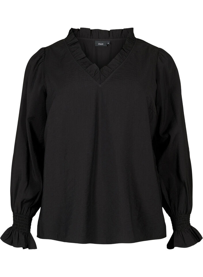 Blouse à manches longues en viscose avec détails de volants, Black, Packshot image number 0