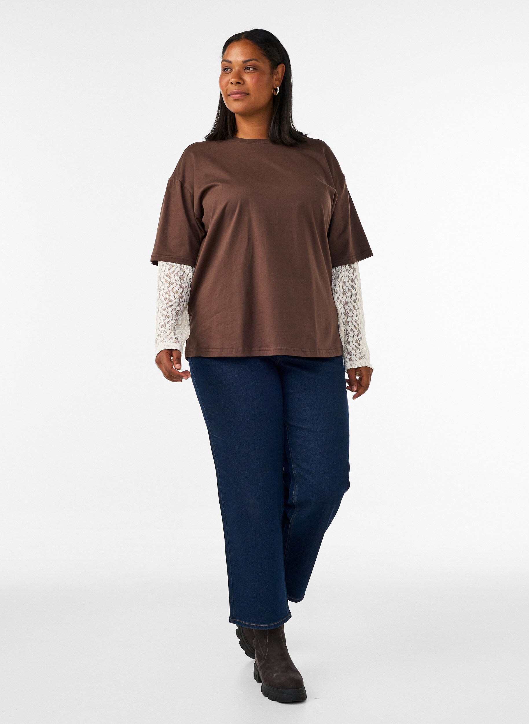 ZizziT-shirt ample avec manches longues en dentelle, Marron, Model image number 1