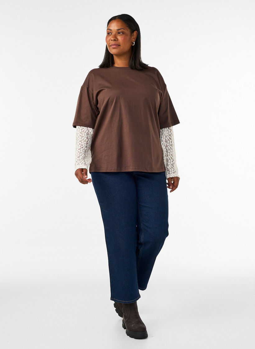 T-shirt ample avec manches longues en dentelle, Marron, Model image number 1