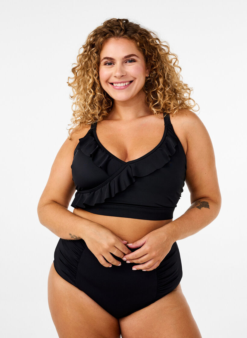 Haut de bikini avec volants et coussinets amovibles, Noir, Model image number 1