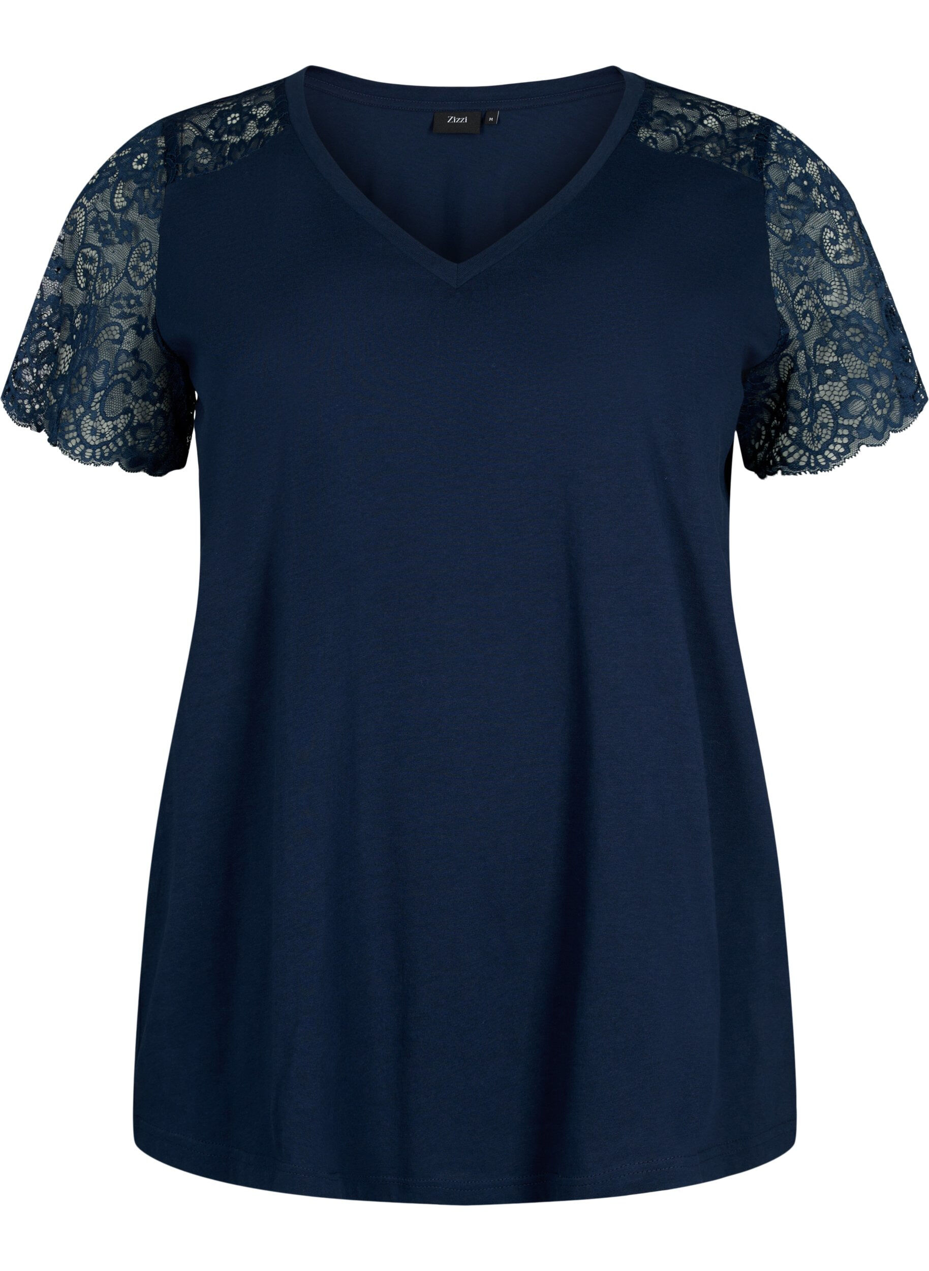 Zizzi T-shirt en coton avec manches courtes en dentelle, Bleu, Packshot image number 0