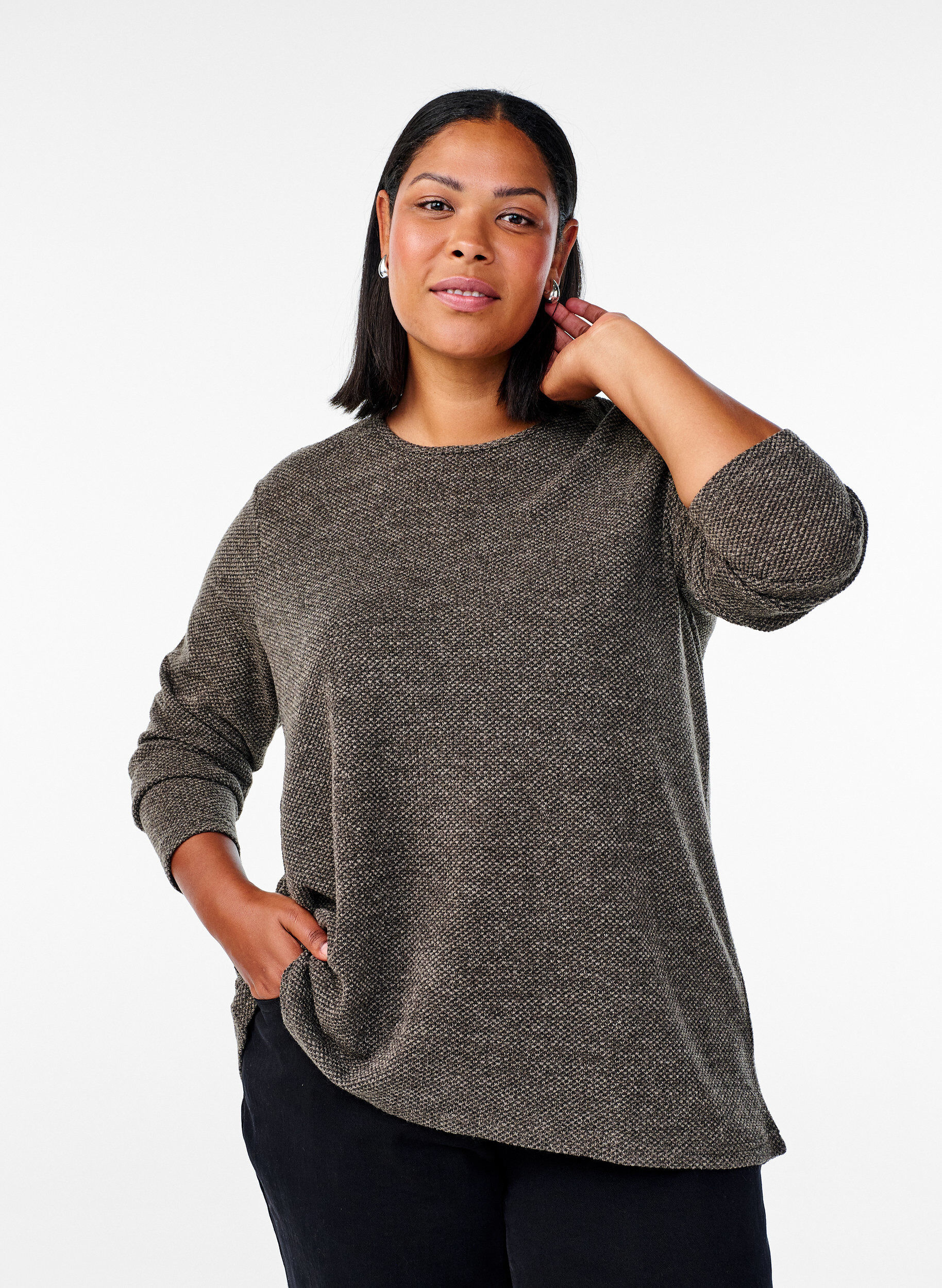 Zizzi Lang&auml;rmelige Bluse mit Struktur, Braun, Model image number 0
