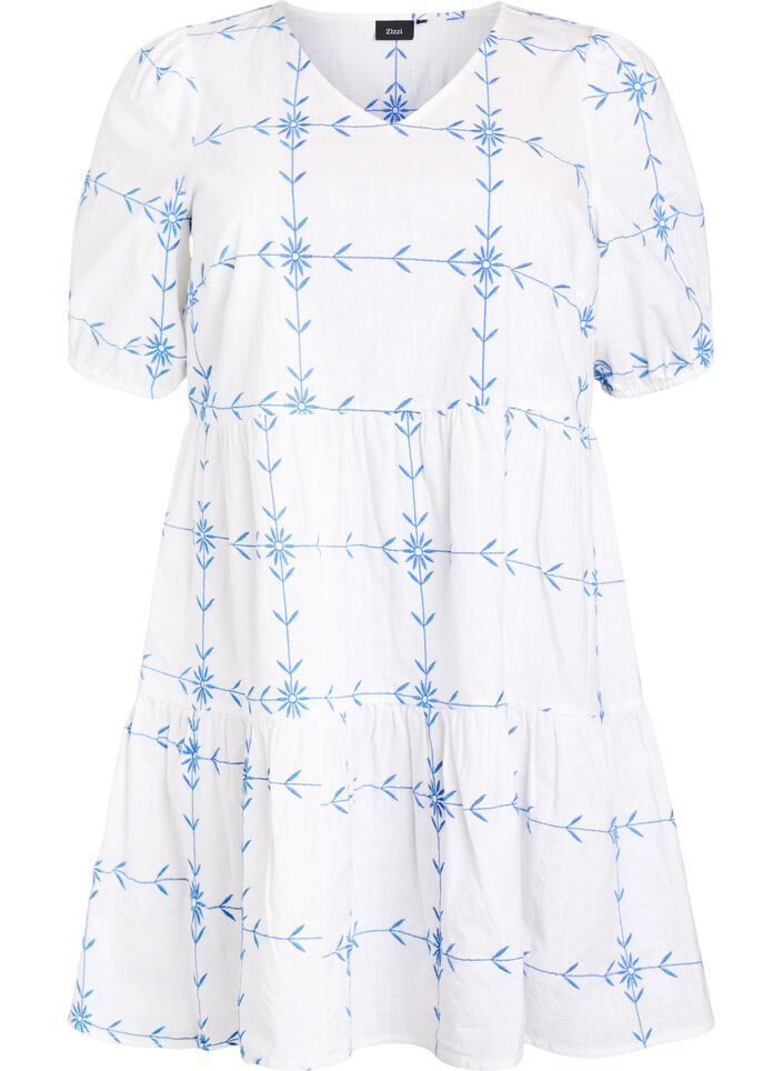 Kurzes Kleid mit V-Ausschnitt und Stickereien, Weiß, Packshot image number 0