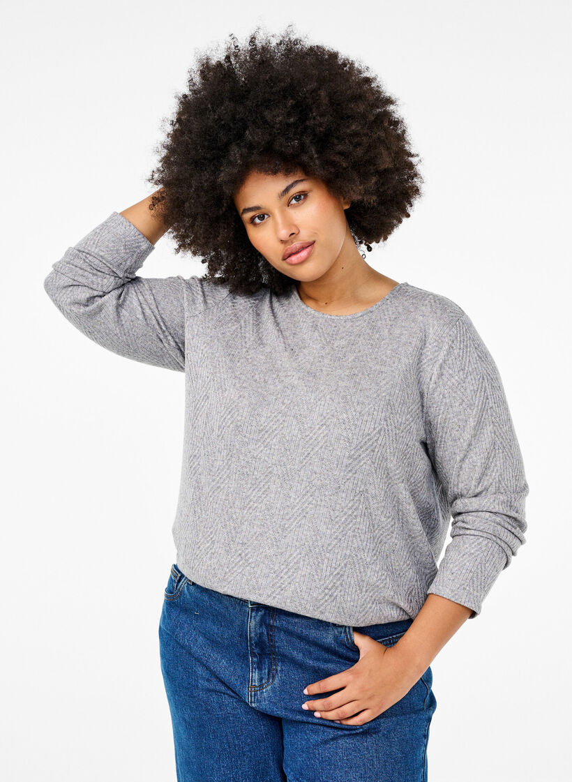 Gemusterte Bluse mit langen Ärmeln, Grau, Model image number 0