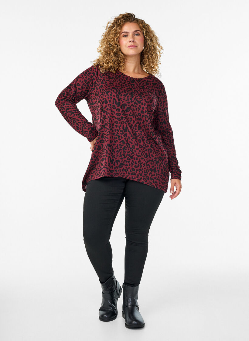 Bluse mit Leopardenmuster und langen &Auml;rmeln, Dunkles Bordeaux, Model image number 1