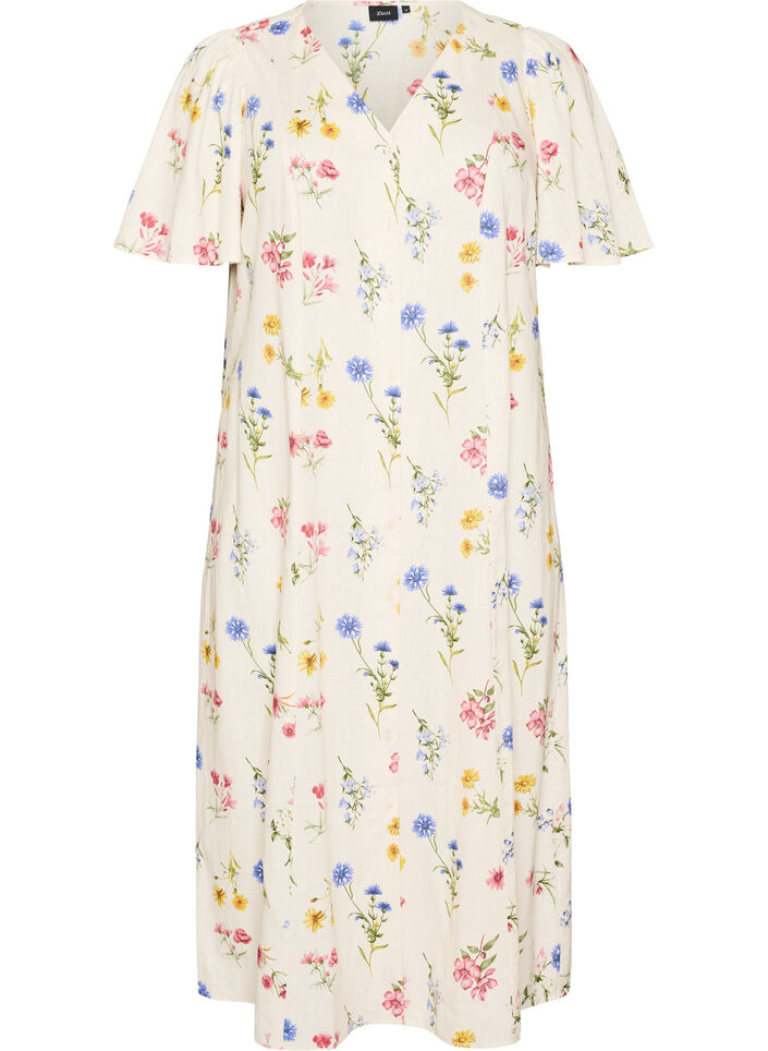 Robe midi en lin et viscose avec manches &agrave; volants, Beige, Packshot image number 0