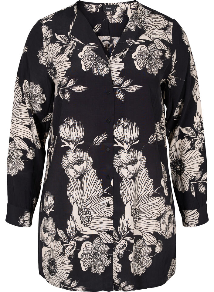 Chemise longue en viscose à fleurs, Black White AOP, Packshot image number 0