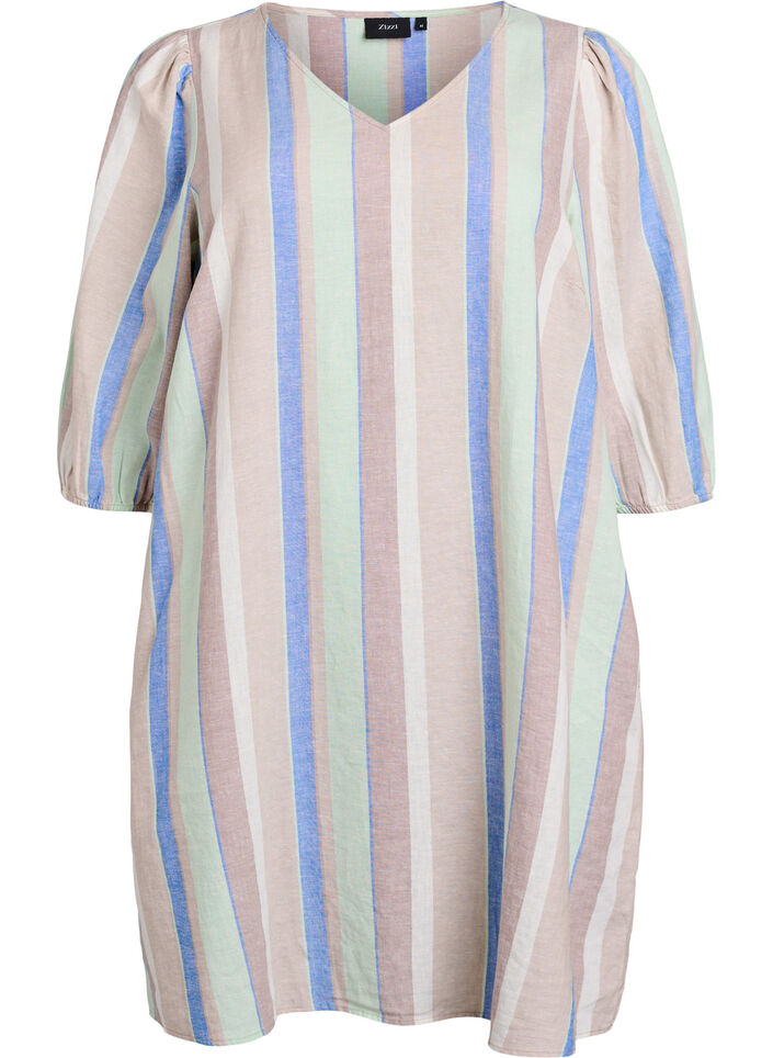 Kleid aus Leinen und Viskose mit 3/4-&Auml;rmeln, Blau, Packshot image number 0