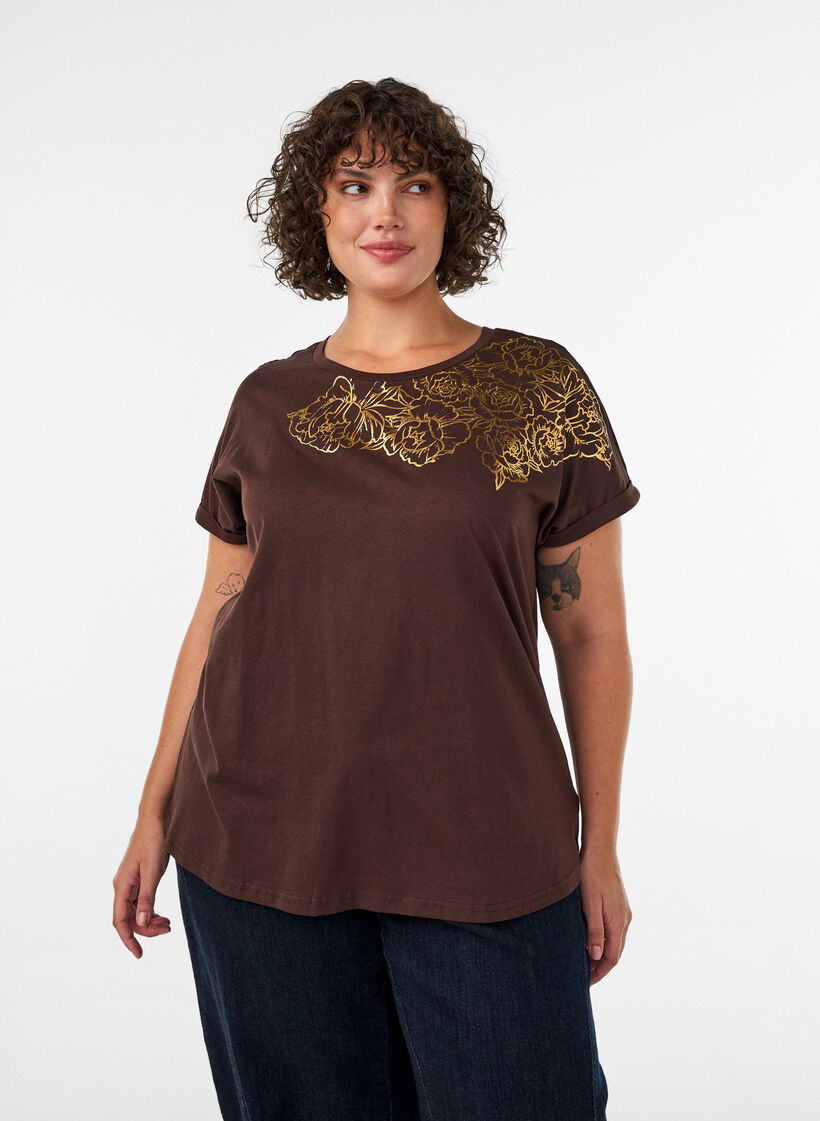 T-Shirt aus Baumwolle mit Blumenprint, Braun, Model image number 0