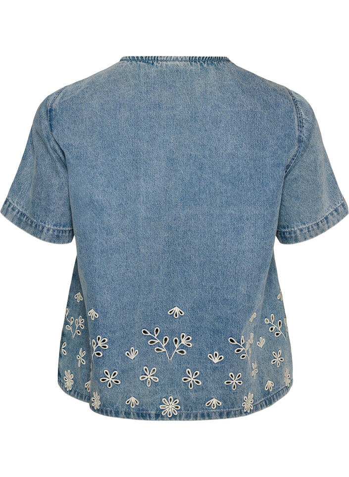 Kurz&auml;rmelige Jeansbluse mit Lochstickerei, Blau, Packshot image number 1