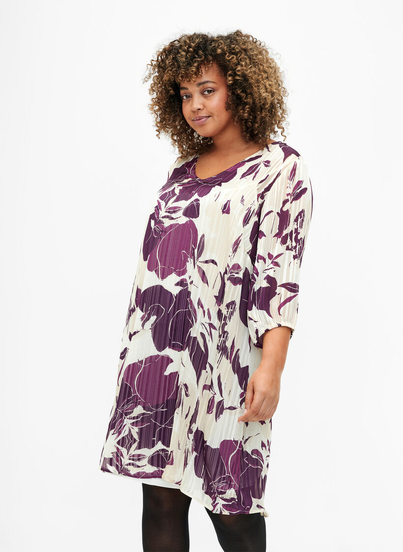 Robe imprimée avec col en V et manches 3/4, D.Purple Graphic AOP, Model image number 0