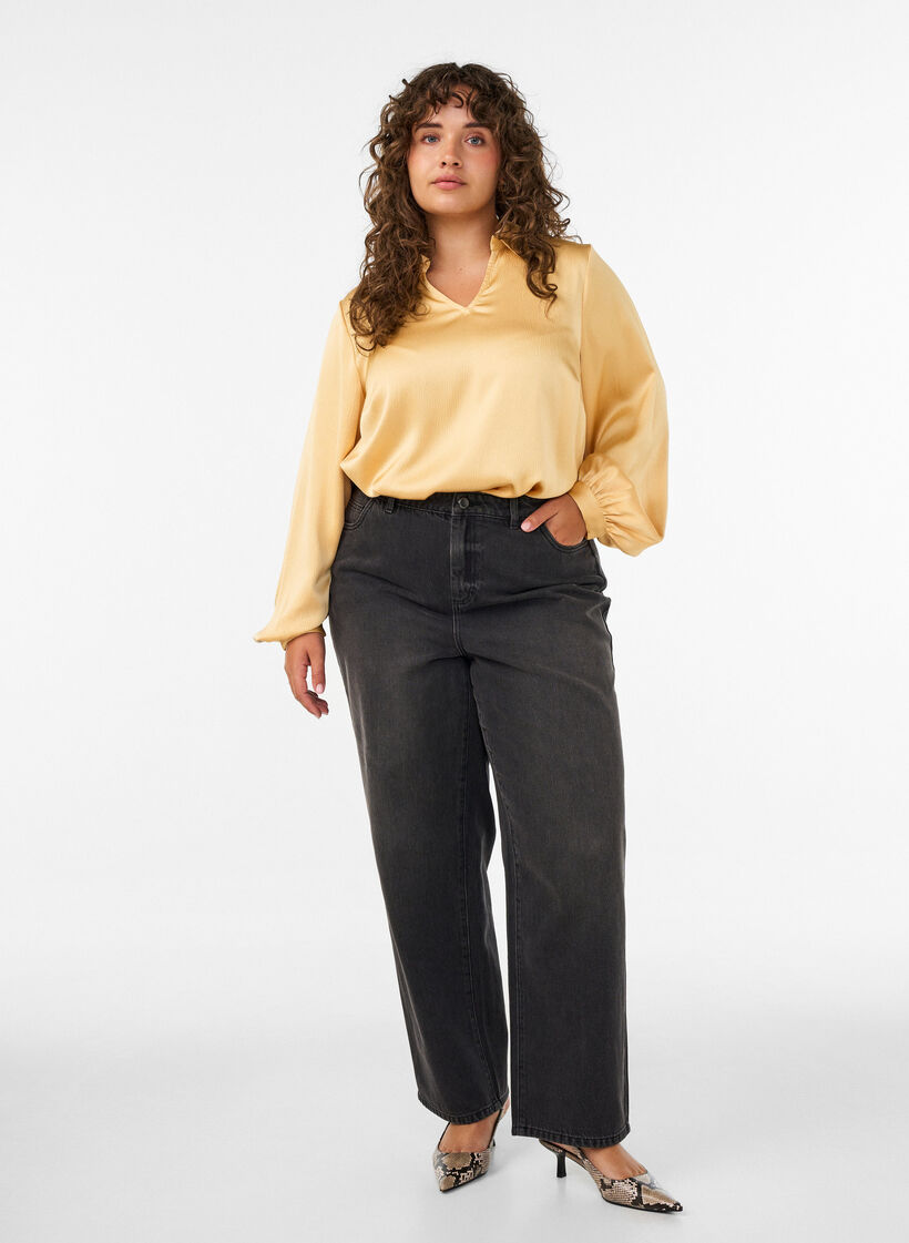 Blouse avec col de chemise et col en V, Jaune clair, Model image number 1