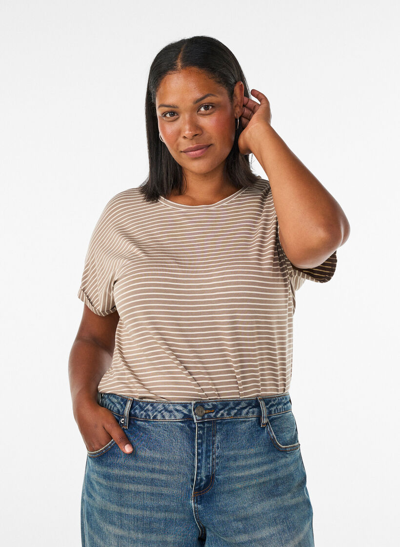 Gestreiftes T-Shirt aus Viskose mit Rundhalsausschnitt, Beige, Model image number 0