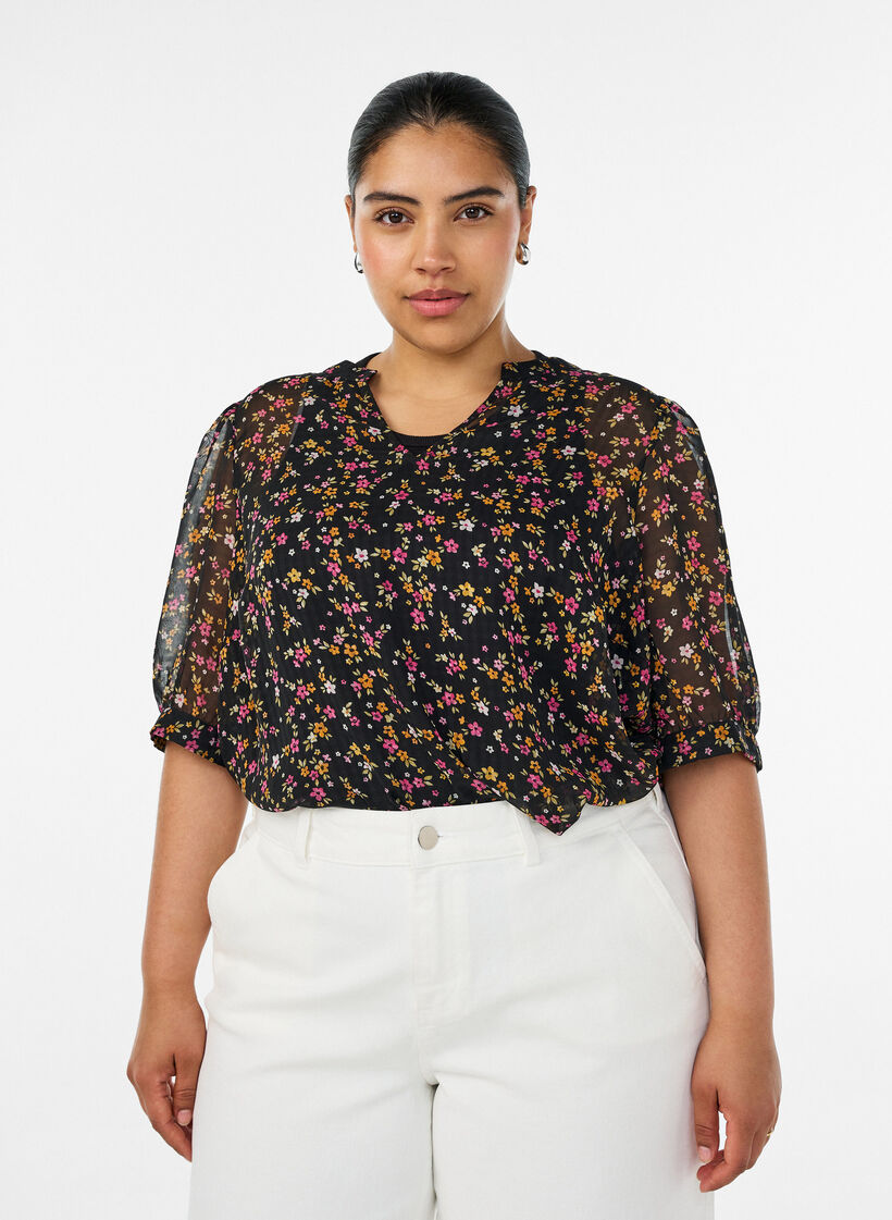 Gebl&uuml;mte Bluse mit V-Ausschnitt, Schwarz, Model image number 0