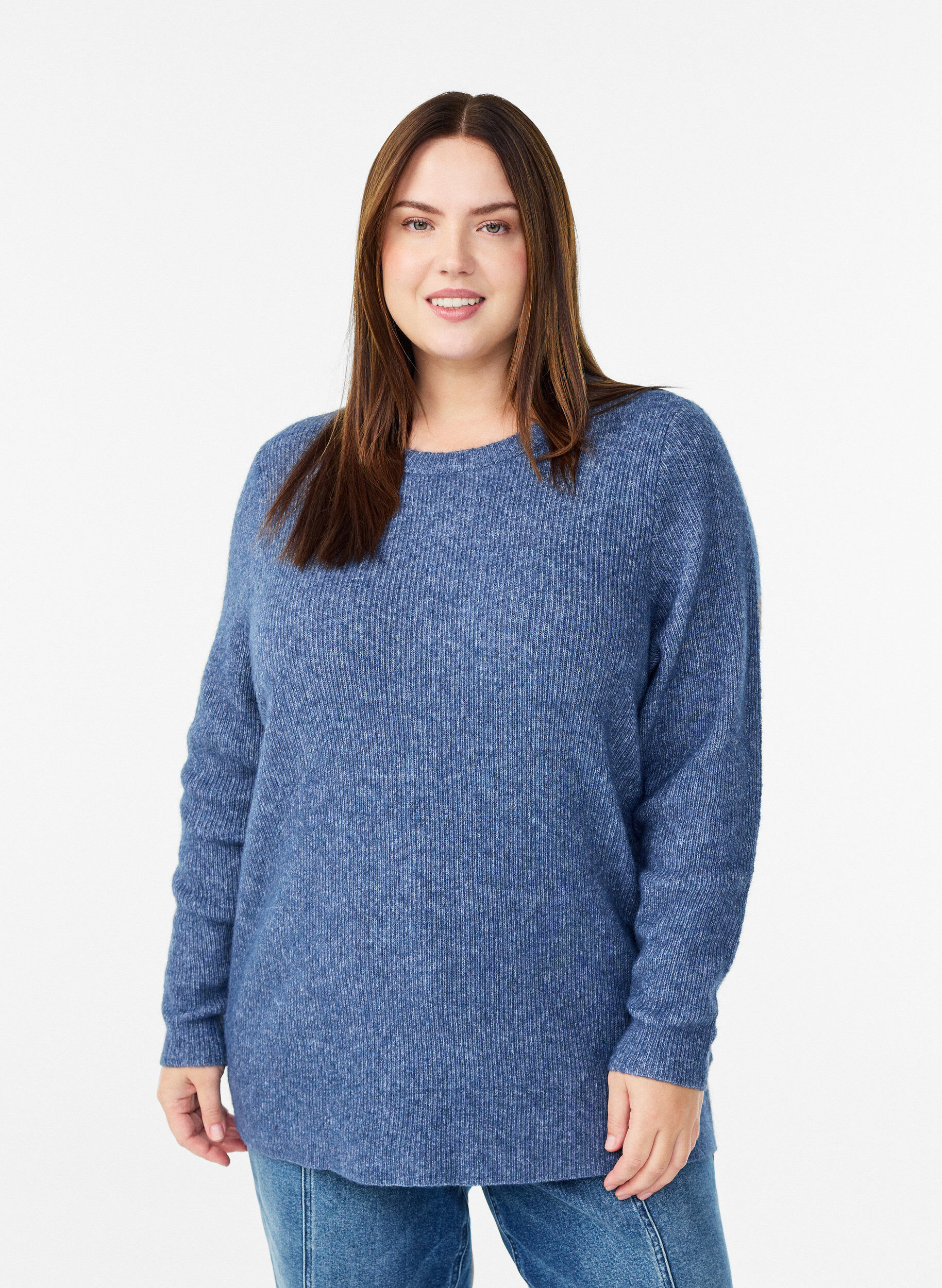 Blouse en maille chin&eacute;e &agrave; col rond, Bleu, Model
