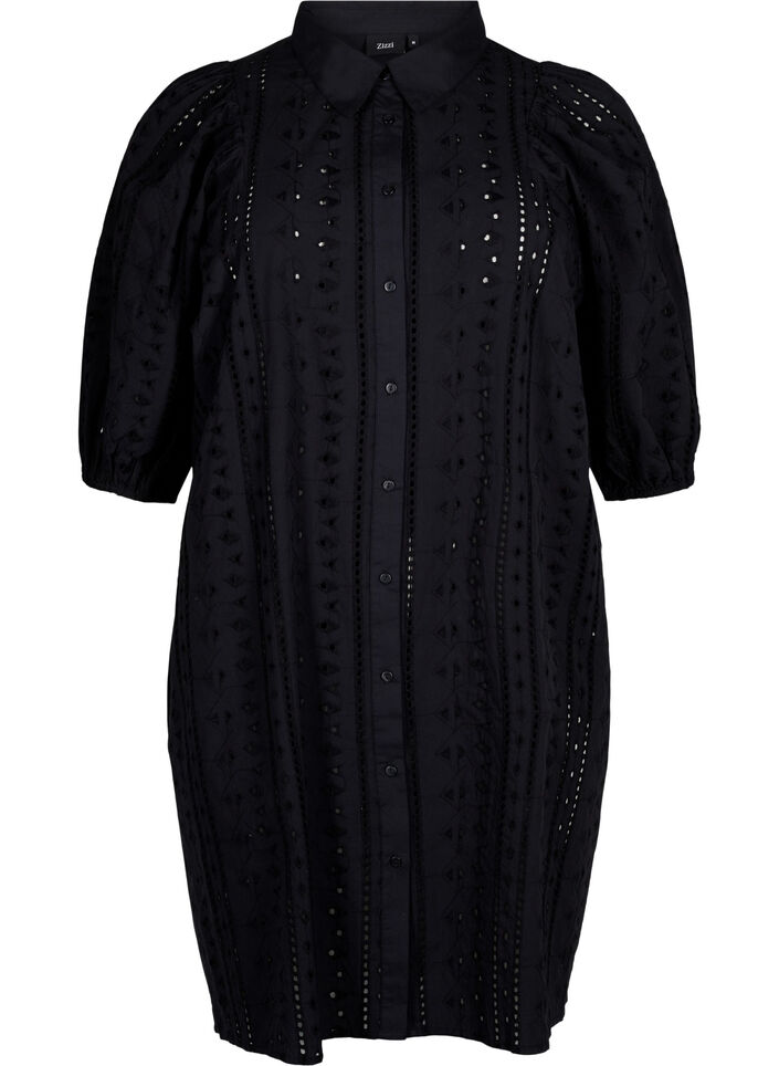 Robe chemise en coton avec broderie anglaise, Black, Packshot image number 0