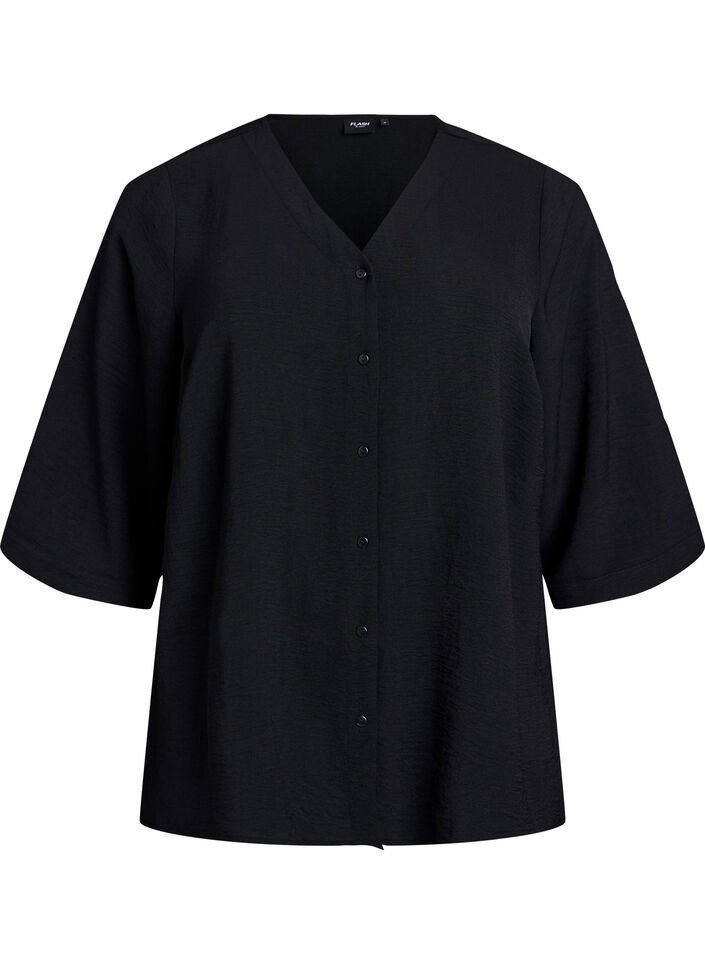 Bluse mit V-Ausschnitt und 3/4-&Auml;rmeln, Schwarz, Packshot image number 0