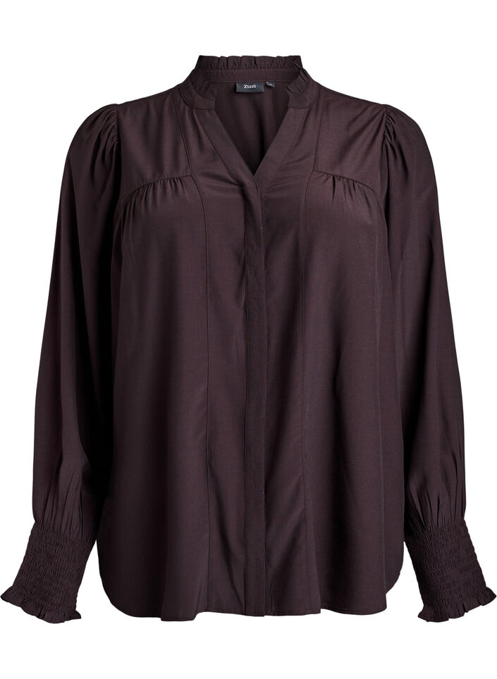 Blouse avec col à volants et fronces, Marron, Packshot image number 0